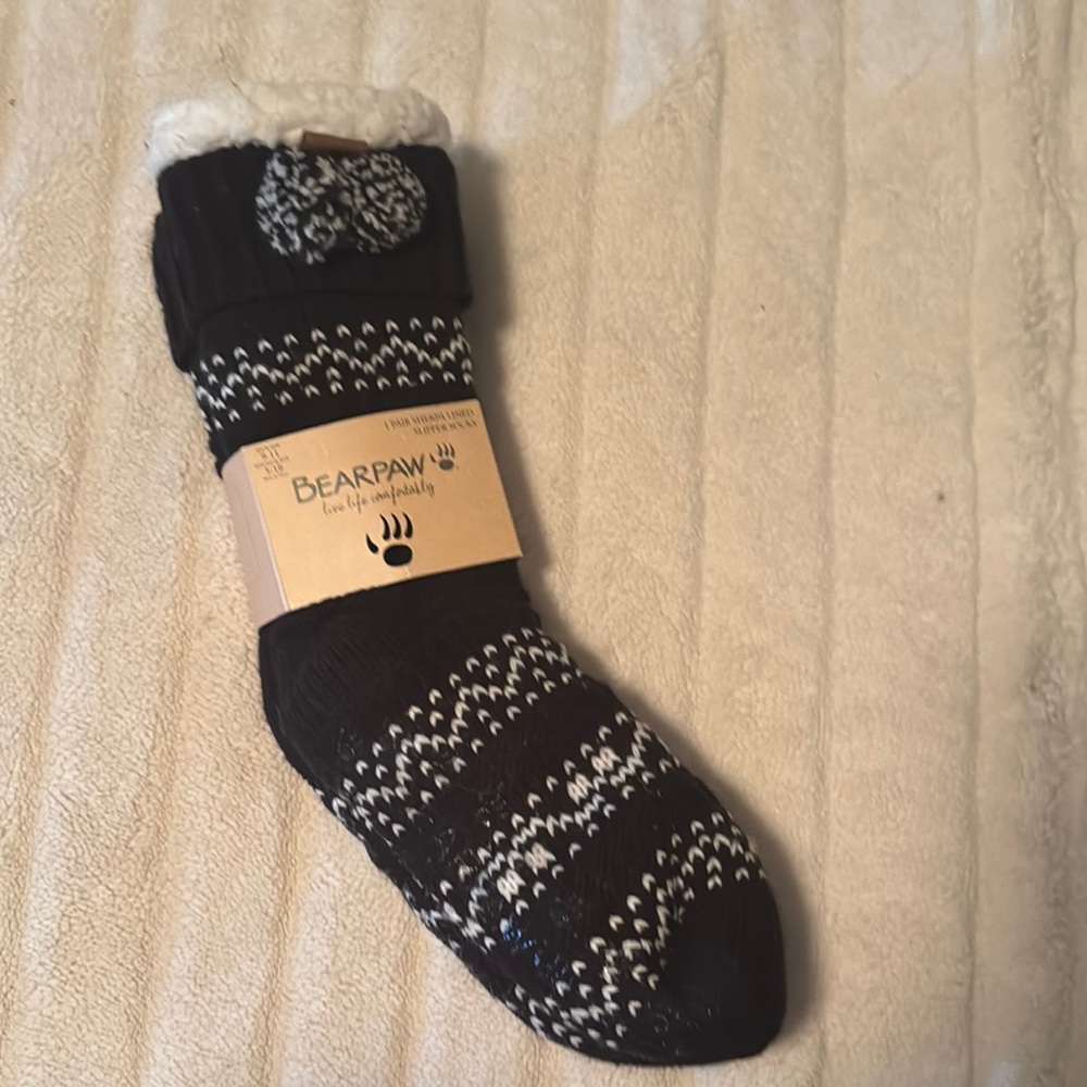 Bearpaw Black and White Sherpa Slipper Socks